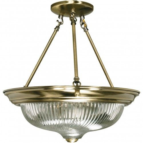 15” Semi-Flush Mount Ceiling Light – Antique Brass Finish with Clear Swirl Glass (3-Light)