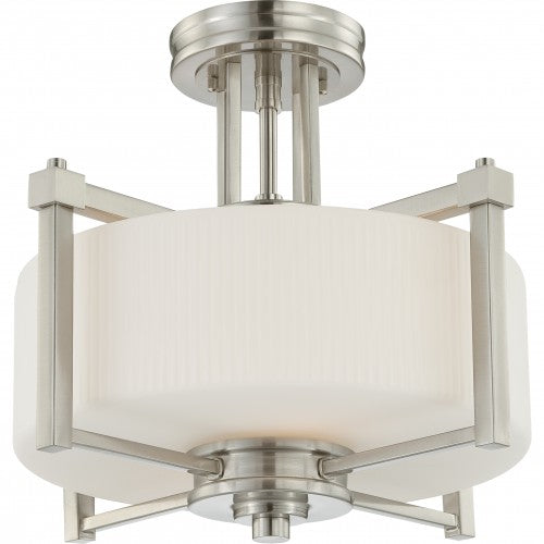 2-Light Semi-Flush Mount Ceiling Light in Brushed Nickel with White Satin Glass