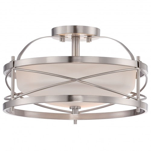 2-Light Brushed Nickel Semi-Flush Ceiling Lamp with Etched Opal Glass – Modern Fixture