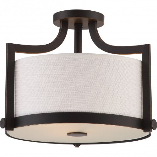 Meadow 3-Light Semi-Flush Ceiling Fixture – White Fabric Shades, Russet Bronze Finish