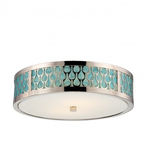 Dome Flush Mount LED Ceiling Light with White Glass & Removable Aquamarine Insert in Polished Nickel Finish