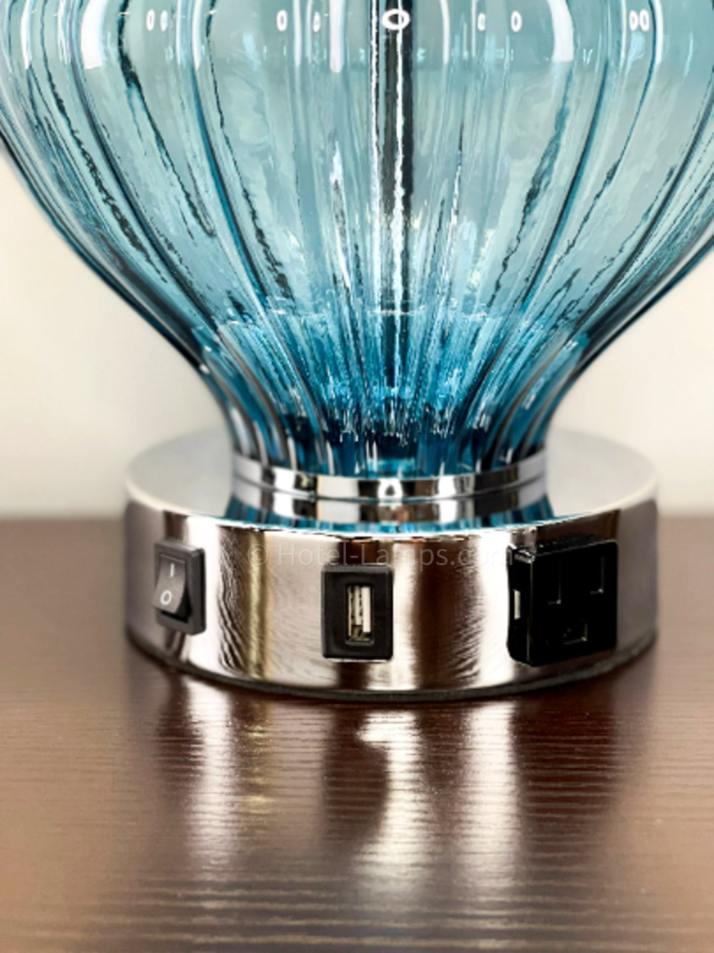 Blue Coastal Glass Table Lamp – Ribbed Glass with Chrome Base, USB & Outlet
