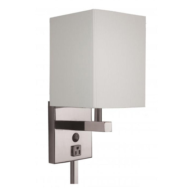 Brushed Nickel Table Lamp with White Ribbed Shade – 100W, Outlet & Rocker Switch, 14.5" Height