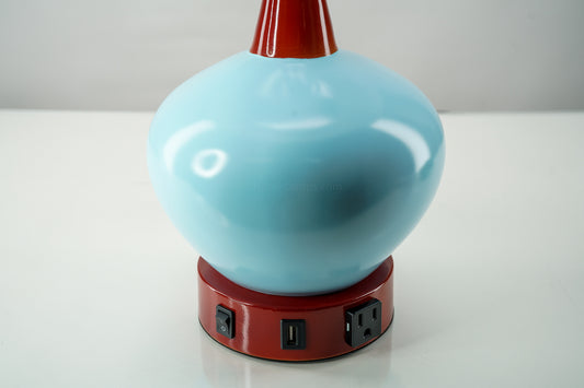 Baby Blue Ceramic Sphere Table Lamp with Red Accents – USB & Outlet Charging Ports