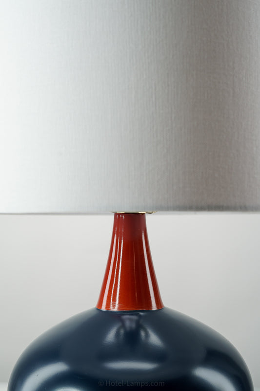 Blue Ceramic Sphere Table Lamp with Red Accents – USB & Outlet Charging Ports