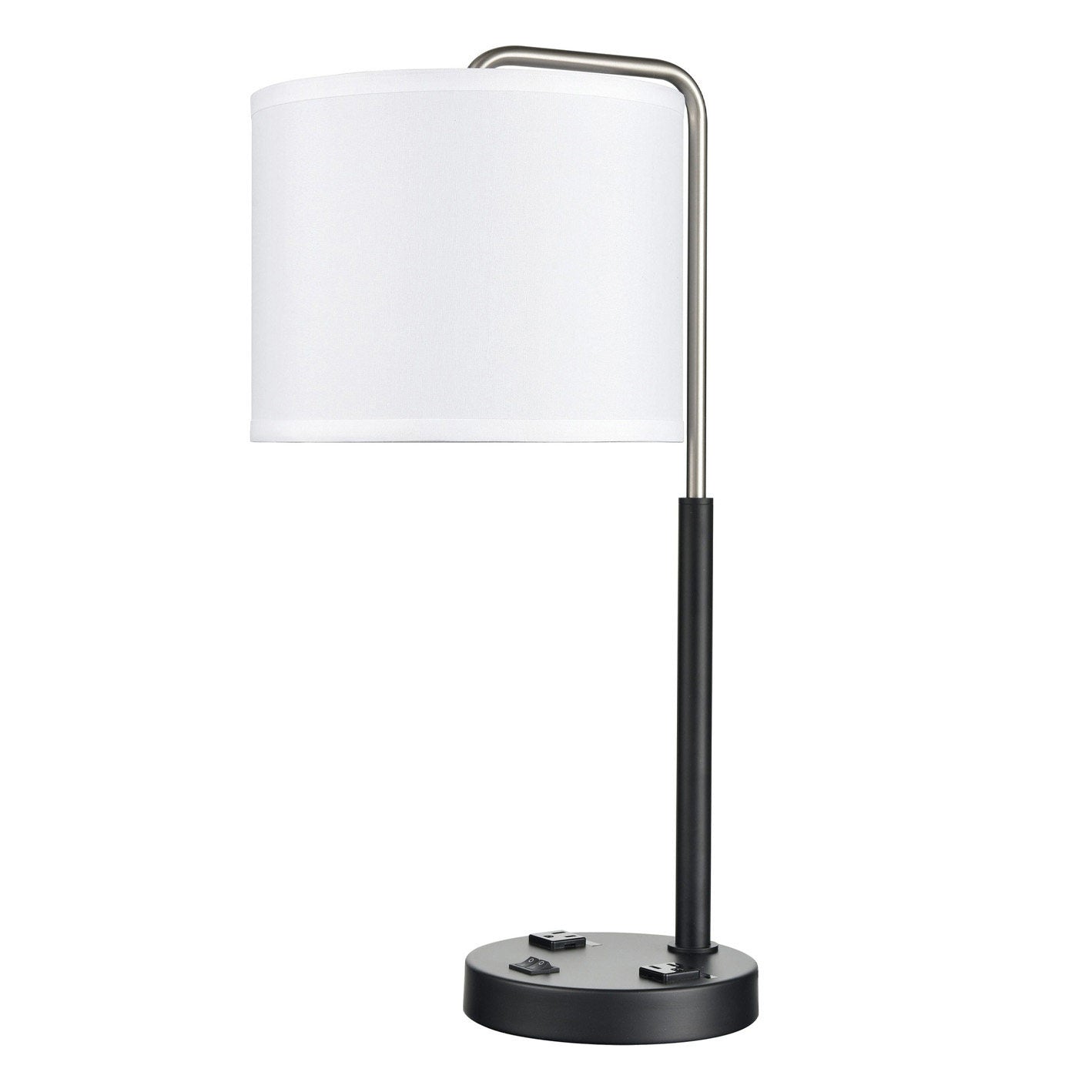 Brushed Nickel & Matte Black Table Lamp – White Fabric Shade with 2 Outlets & USB