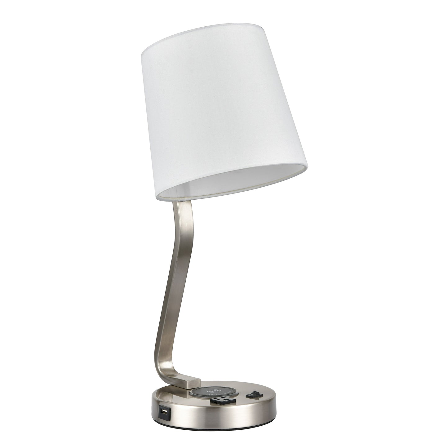 Brushed Nickel Table Lamp – White Fabric Shade with Outlet, USB & Wireless Charging