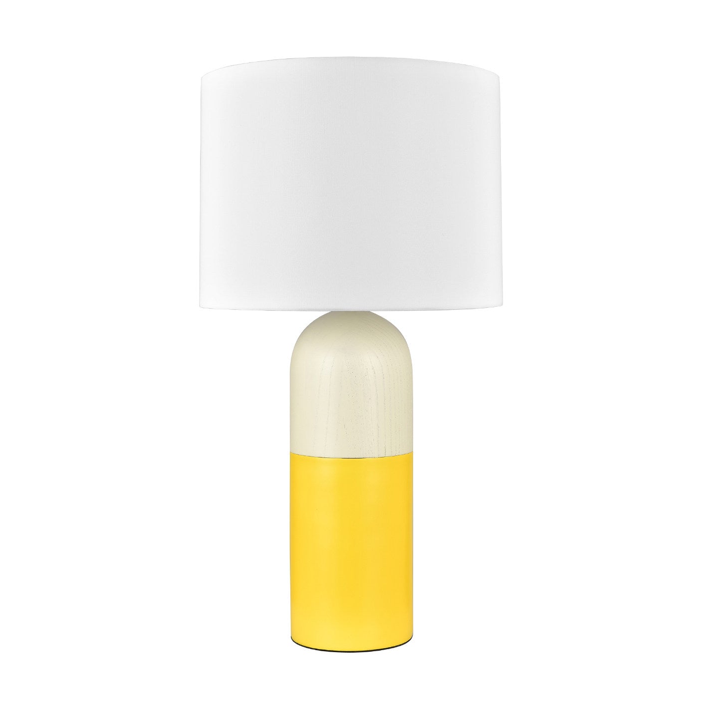 Yellow & Wood Table Lamp – White Fabric Shade, Push Switch