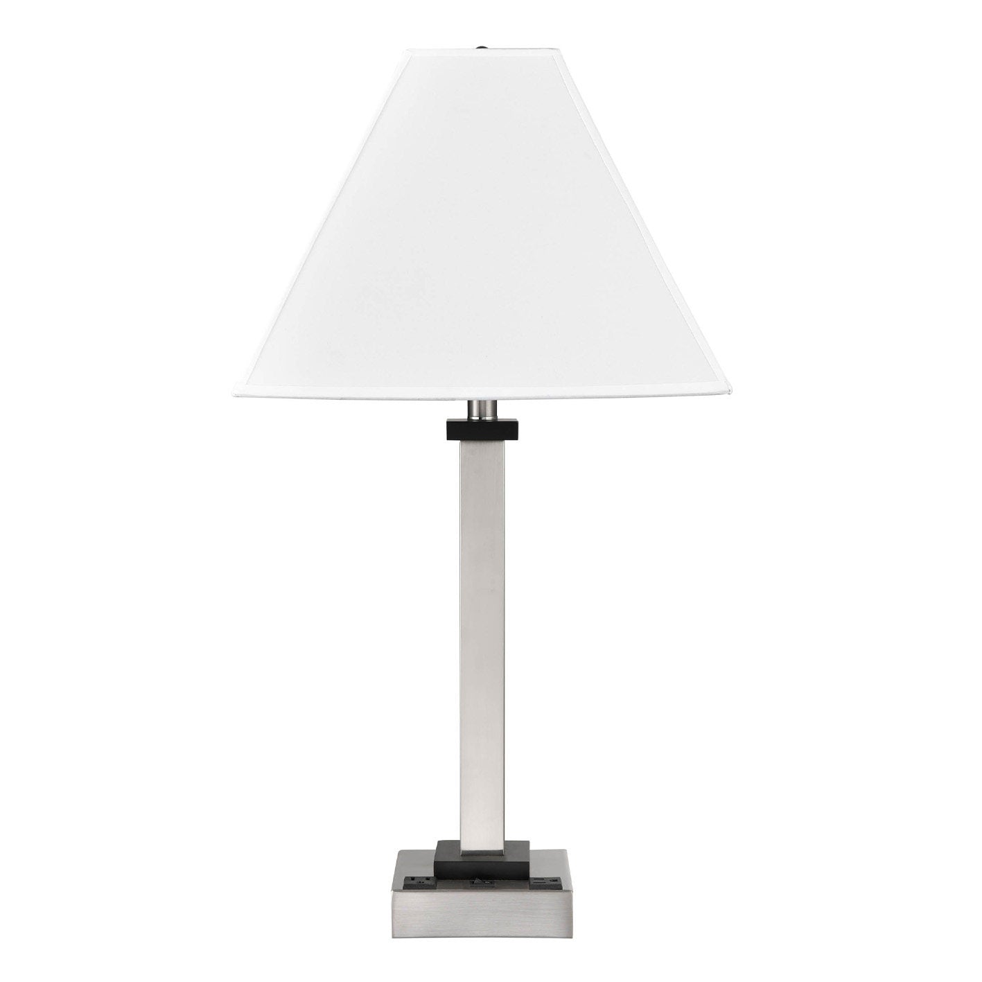 Brushed Nickel & Ebony Wood Table Lamp – White Fabric Shade with 2 Outlets, 100W Max