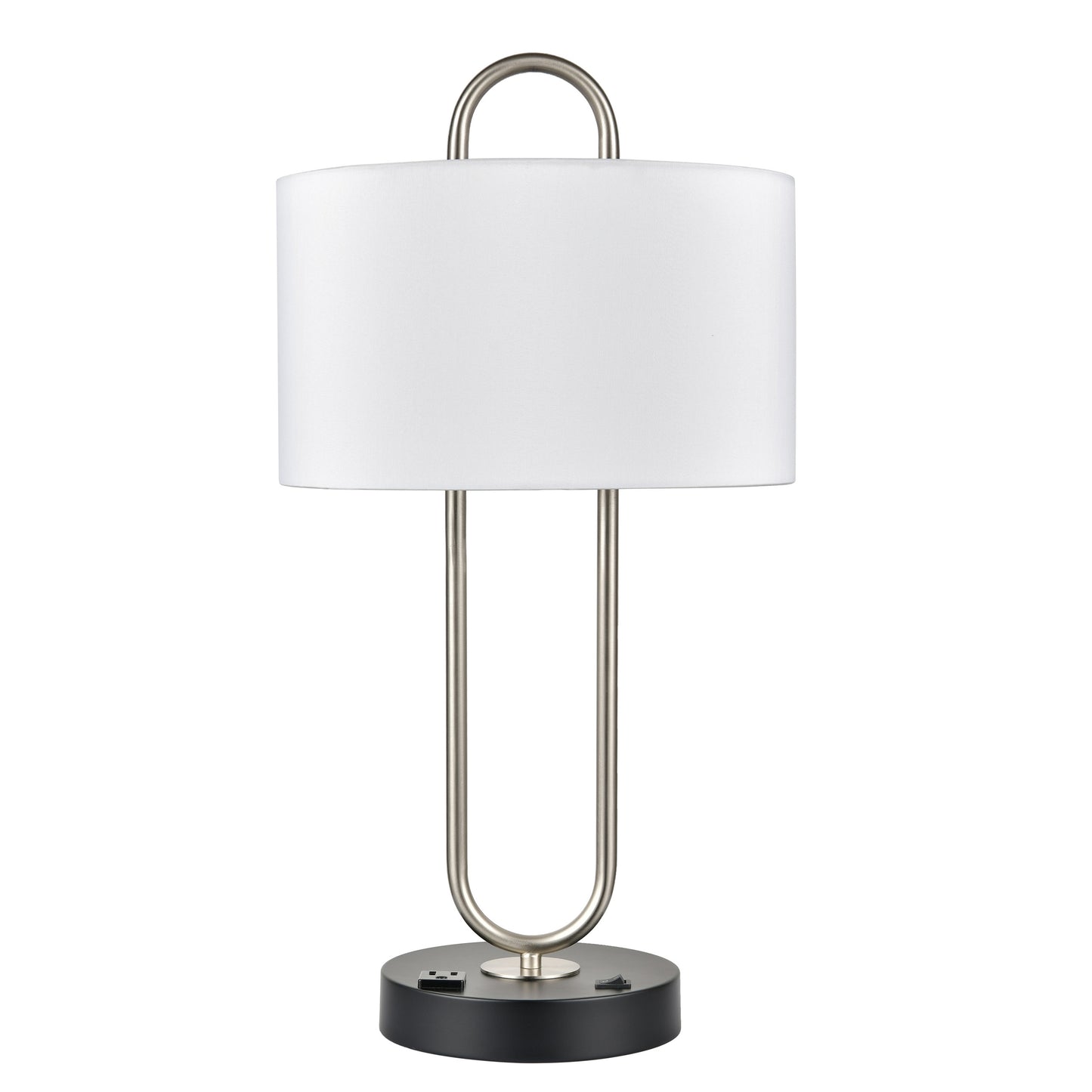 Brushed Nickel & Matte Black Table Lamp – White Fabric Shade with Single Outlet