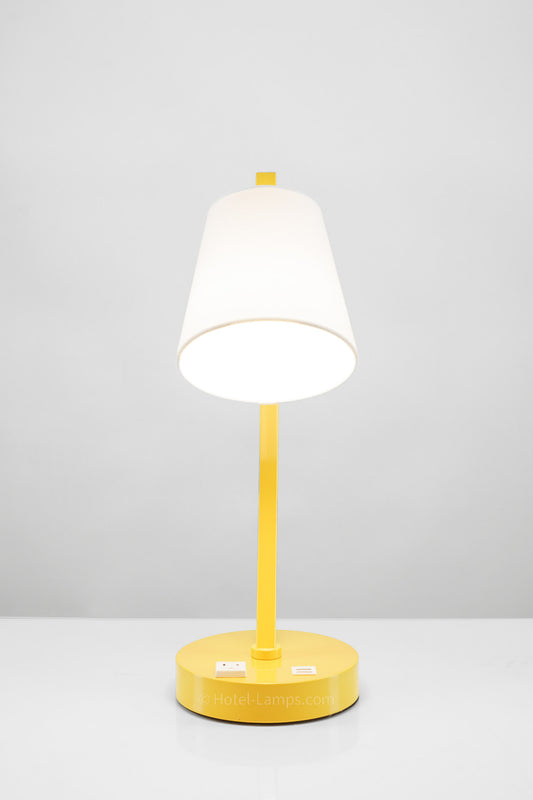 Canary Yellow Table Lamp with White Linen Shade – USB & Outlet Charging Ports