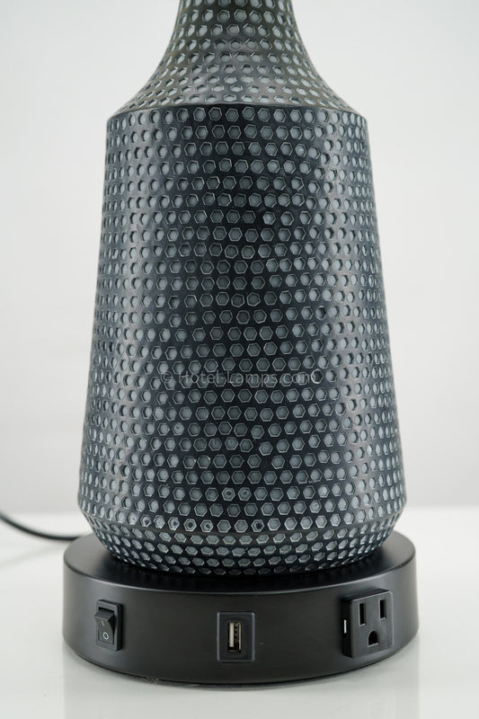 Contemporary Black Table Lamp with Blue Accents – USB & Outlet Charging Ports