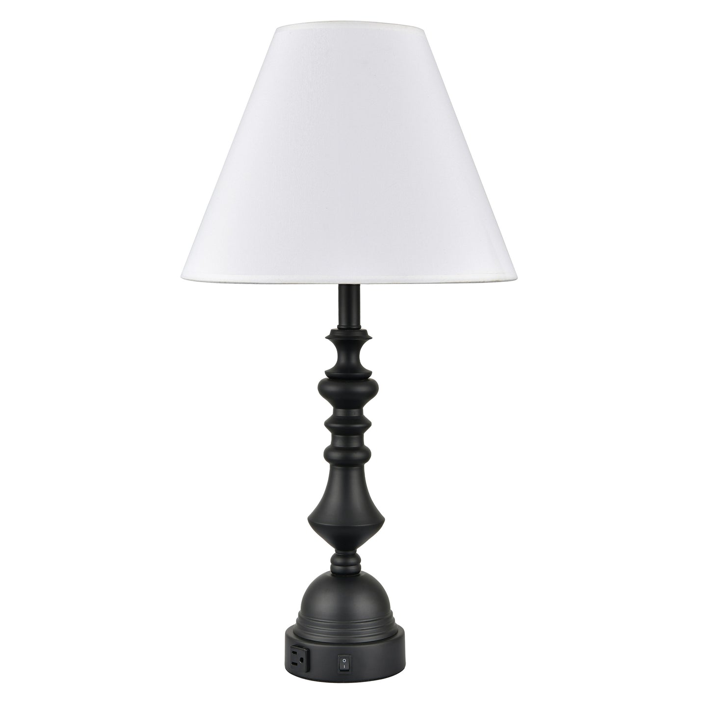 Powder Coated Matte Black Table Lamp with Outlet – 100W, White Fabric Shade
