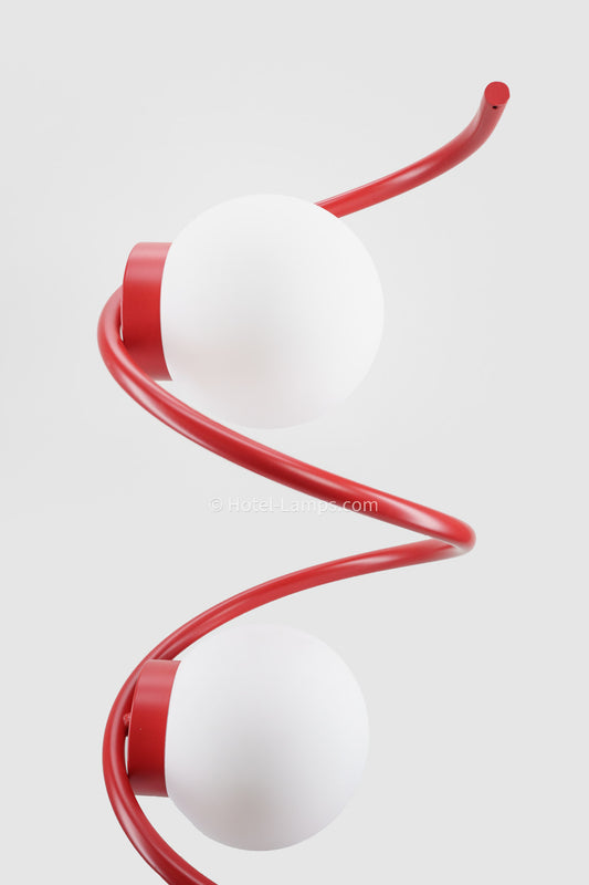 Modern Three-Bulb Floor Lamp – Red Finish with Alabaster Glass Lenses