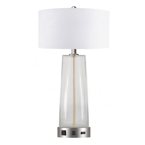 Ivory Linen Table Lamp with USB & Outlet – 26.25” Hospitality Lighting, 60W Compatible (SKU: HIC-0036)