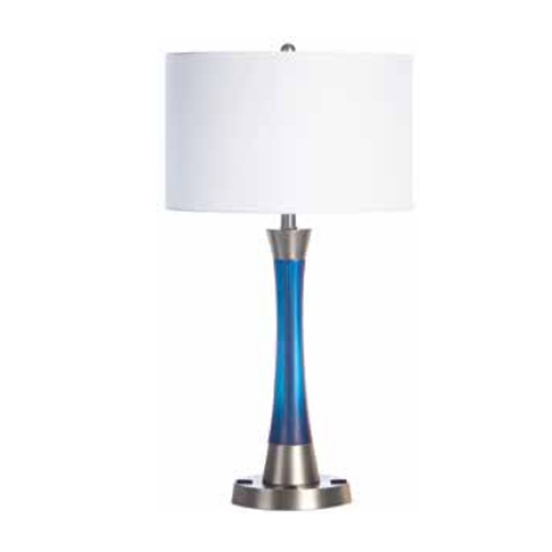 Brushed Nickel Table Lamp with Blue Poly Accent – 18W Fluorescent, Dual Outlets | SKU: HIC-0189
