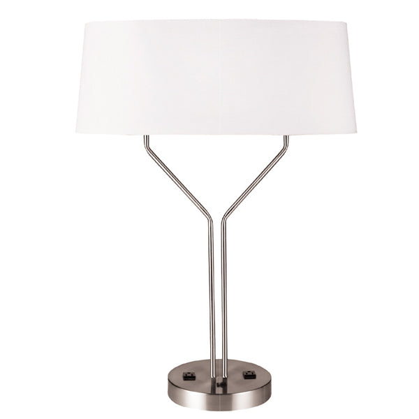 Brushed Nickel Double Table Lamp with White Linen Shade & Outlets – 2 x 23W