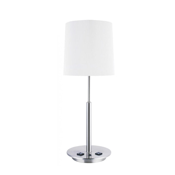 Polished & Brushed Nickel Table Lamp with White Ribbed Shade – 32W, Dual Outlets