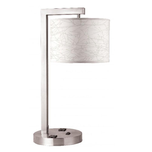 Brushed Nickel Table Lamp – 21.75” Height – 33W with Dual Outlets and Ivory Linen Shade