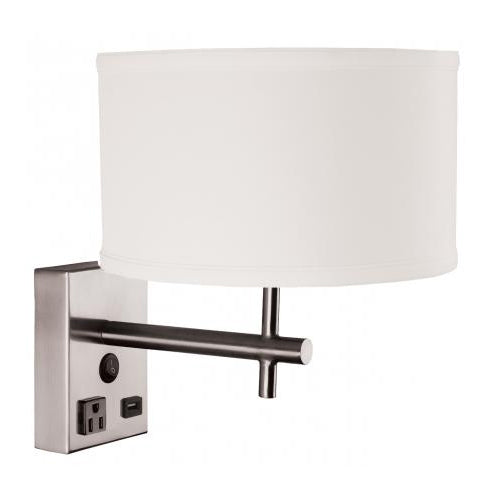 Brushed Nickel Headboard Sconce Lamp – 14” Height – 27W with White Linen Shade, Outlet & USB