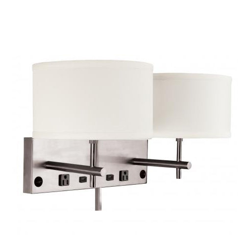 Brushed Nickel Headboard Lamp – White Linen Shade, 27W, Dual USB & Outlets, 14" Height