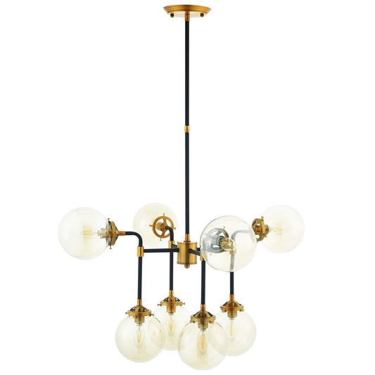 Ambition Amber Glass and Antique Brass 8 Light Pendant Chandelier – Industrial Modern Ceiling Fixture