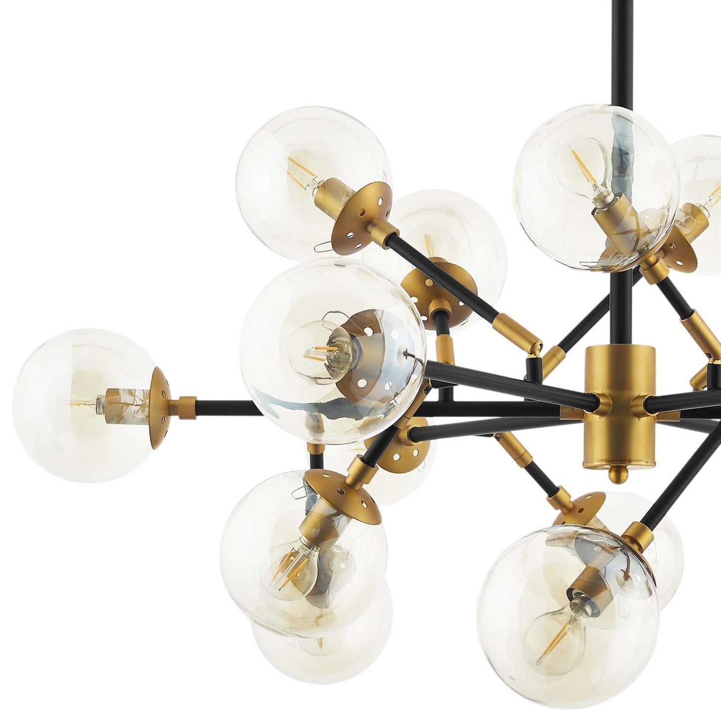 Sparkle Amber Glass & Antique Brass 18-Light Mid-Century Pendant Chandelier