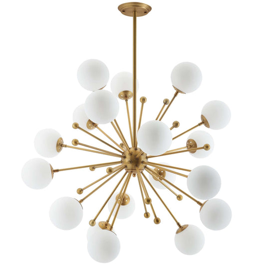 Constellation White Glass and Brass Pendant Chandelier – 18-Light Mid-Century Starburst Fixture