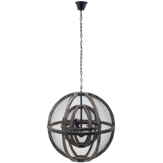 Gravitate Globe Rustic Oak Wood Pendant Light Chandelier – 3-Light Rustic Modern Ceiling Fixture