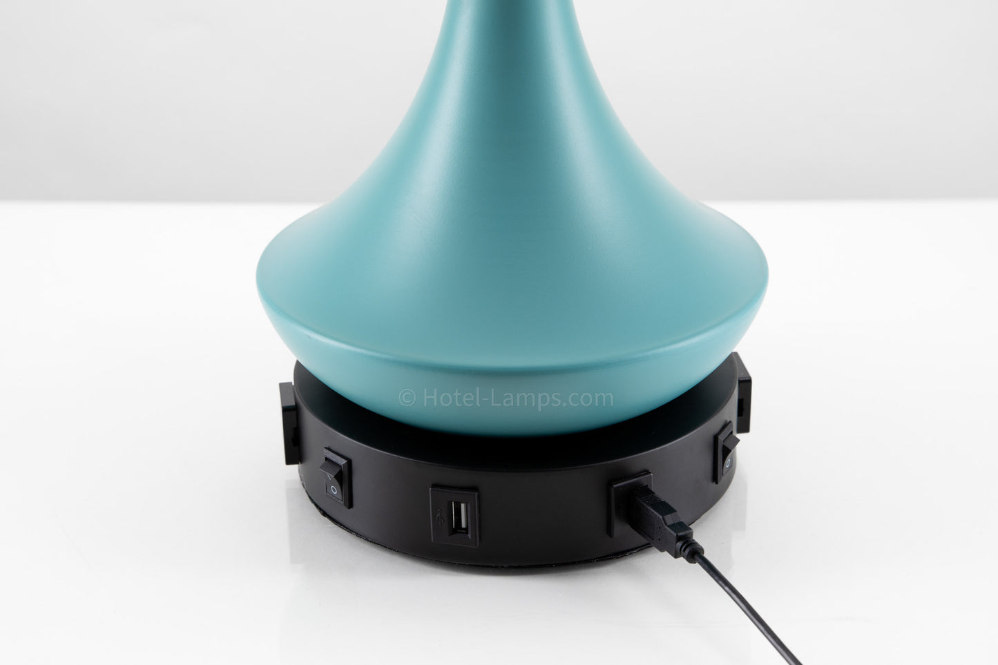 Double Table Lamp – Teal Finish with Black Base, USB Charging Stations and Outlets
