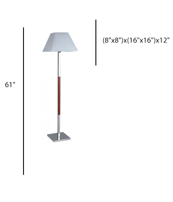 Guestroom Floor Lamp – Wood & Metal Body with Satin Nickel Base, White Linen Shade