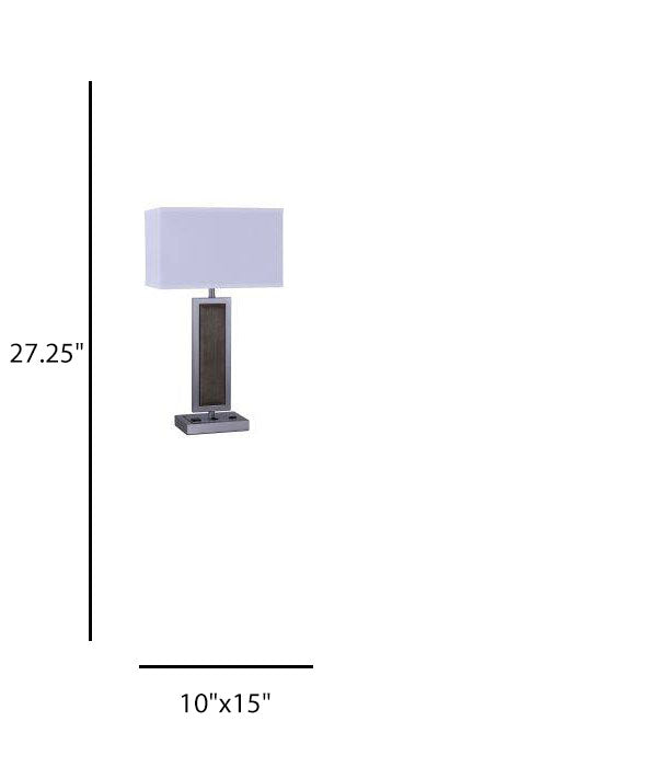 Bauhaus White Linen Table Lamp with Brushed Nickel & Brown Wood – 10" x 15" x 27.25"
