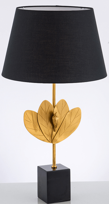 Black Linen Table Lamp with Gold Plated Metal & Black Marble Base – 17.7" x 17.7" x 27.56" H