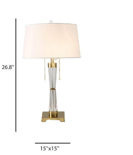 Off-White Linen Table Lamp with Crystal Body & Brass Accents – 15" x 15" x 26.8" H