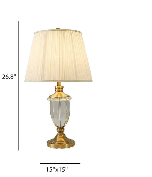 Off-White Linen Table Lamp with Crystal Body & Brass Accents – 15" x 15" x 26.8" H