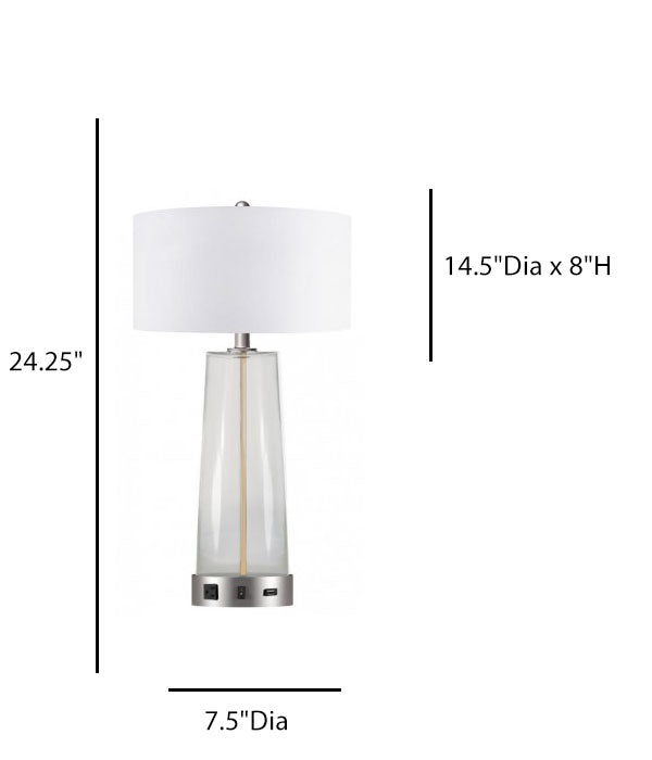 Home2 Chelsea Clear Glass Side Table Lamp – Satin Nickel Base with USB & Homespun Ivory Linen Shade