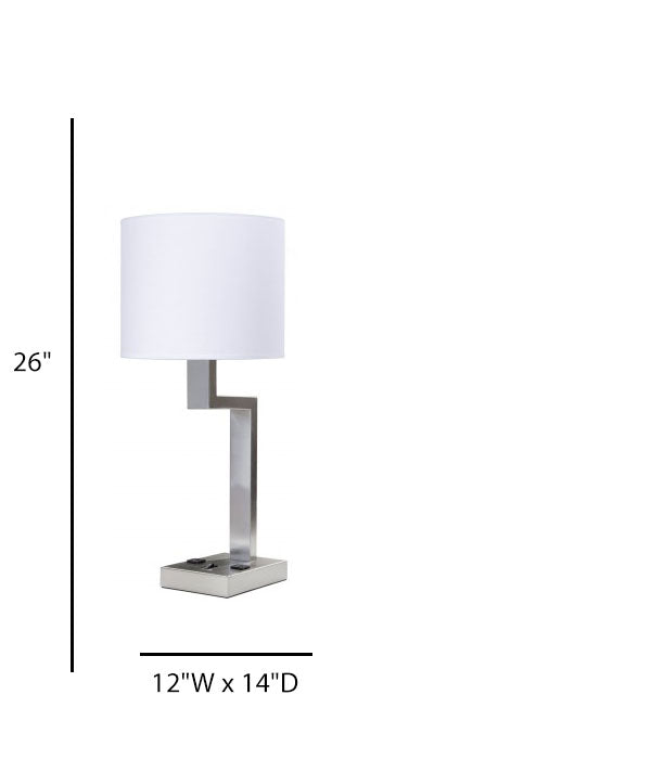 Comfort Inn and Suites Truly Yours Single Table Lamp – Brushed Nickel with White Drum Shade and Outlets
