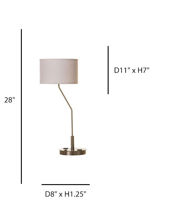 Fairfield Inn Single Nightstand Table Lamp – Brushed Nickel with White Linen Shade and Outlets