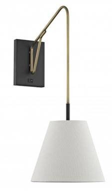 HLW10021 Matte Black & Brushed Brass Wall Sconce with Ivory Linen Shade – LED Hardwired Light