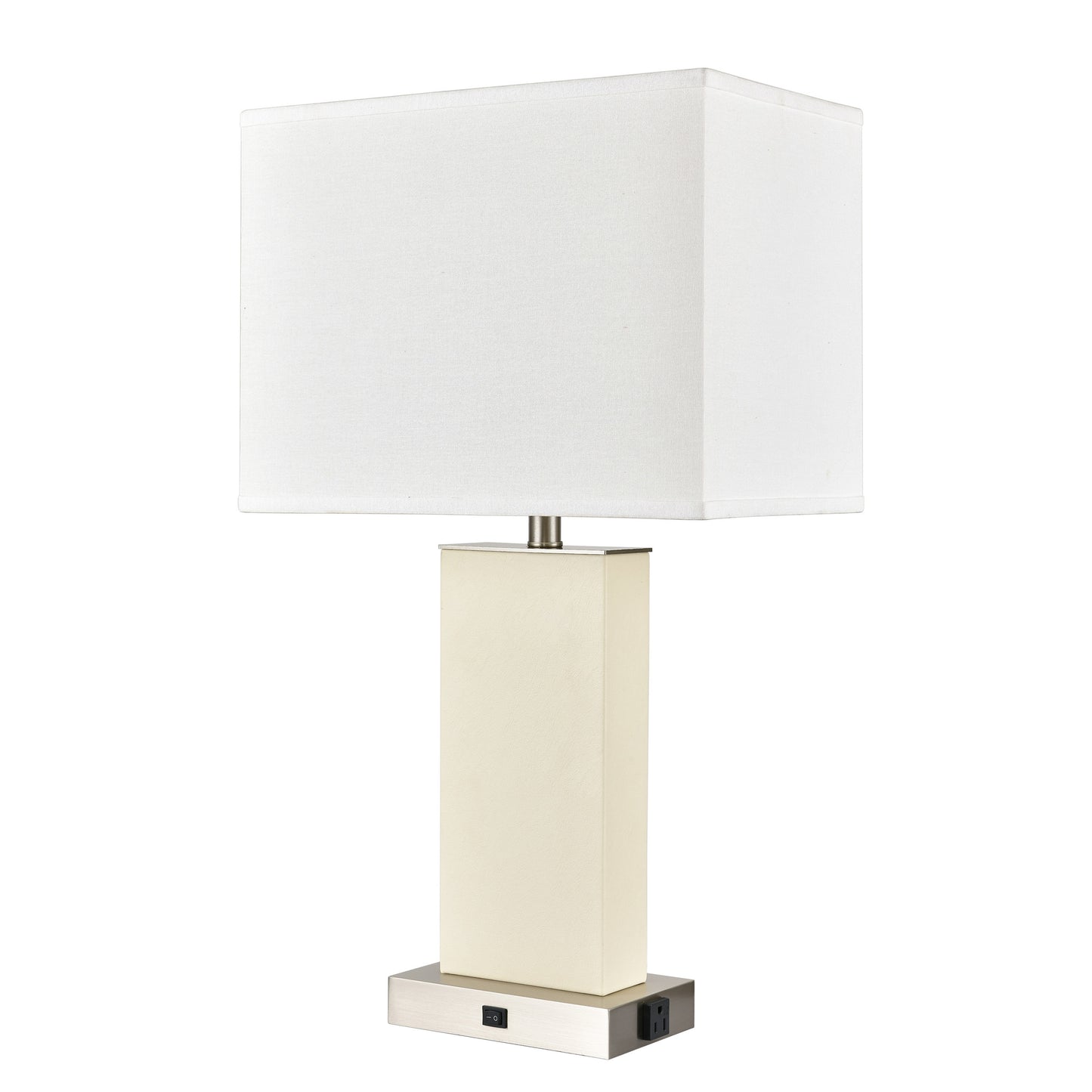 Plated Brushed Nickel Table Lamp – 75W E26, White Fabric Shade, One Outlet