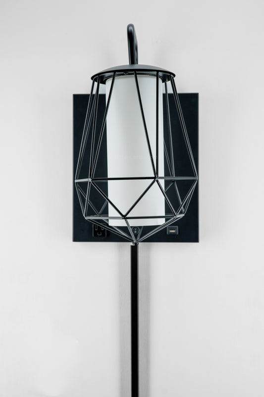 Industrial Metal Diamond Cage Wall Lamp with Outlet & USB Port – Frosted Acrylic Shade (IMDCWL-HL)