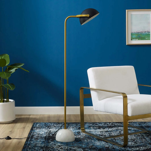 Convey Floor Lamp – Bronze Stem with White Marble Base and Matte Black Shade