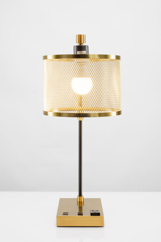 Metal Mesh Perforated Table Lamp – Brass Finish with USB & Outlet Ports