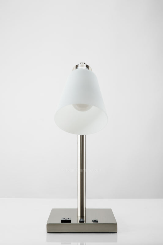 Mid-Century Adjustable Arm Table Lamp with USB & Outlet Ports – Brushed Nickel Finish