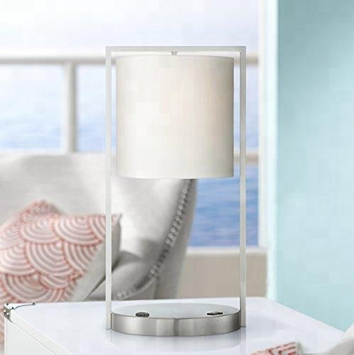 Modern Brushed Nickel Table Lamp with USB & Power Outlet – HLHT7028