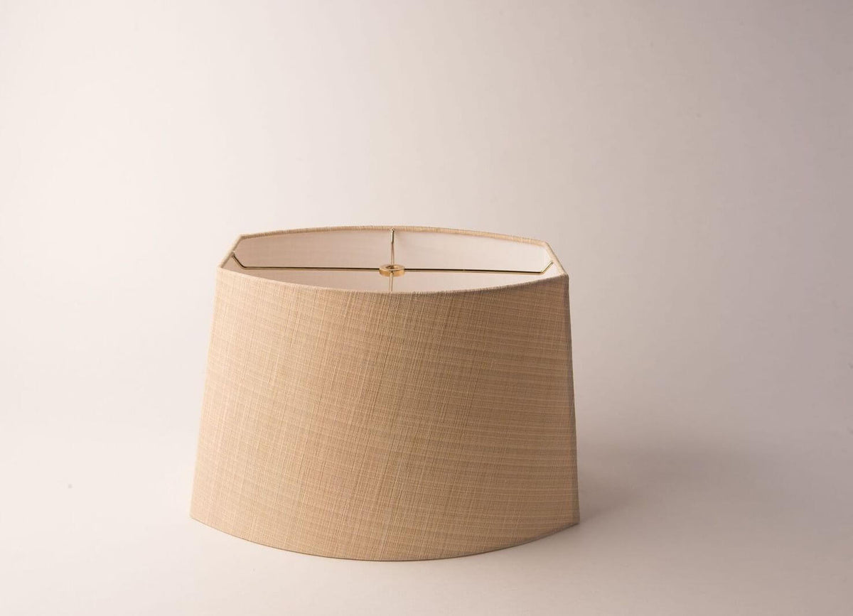 Oval Chipped Lamp Shade – Tan Linen with Rolled Edges, Hardbacked