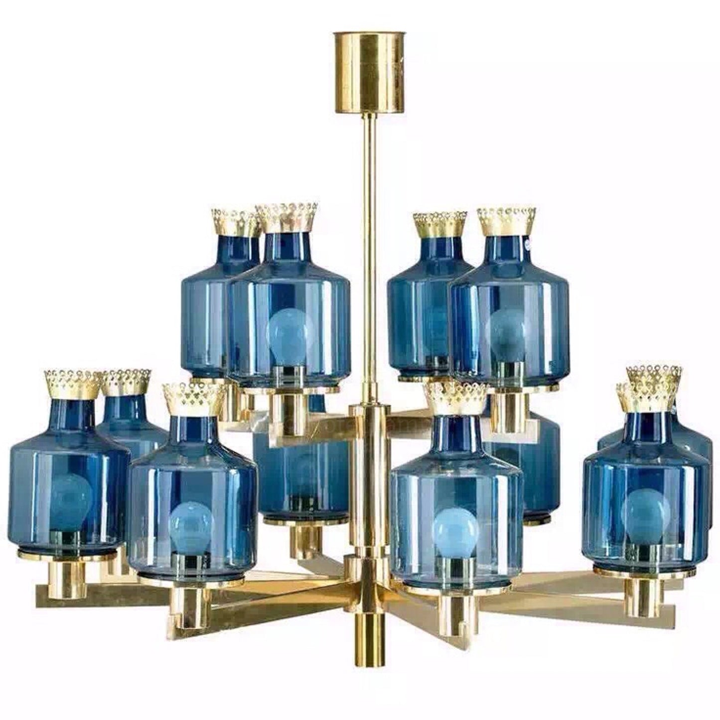 Scandinavian Mid-Century Modern Blue Glass Chandelier – Gold Finish – HLSMCMBGCG-745