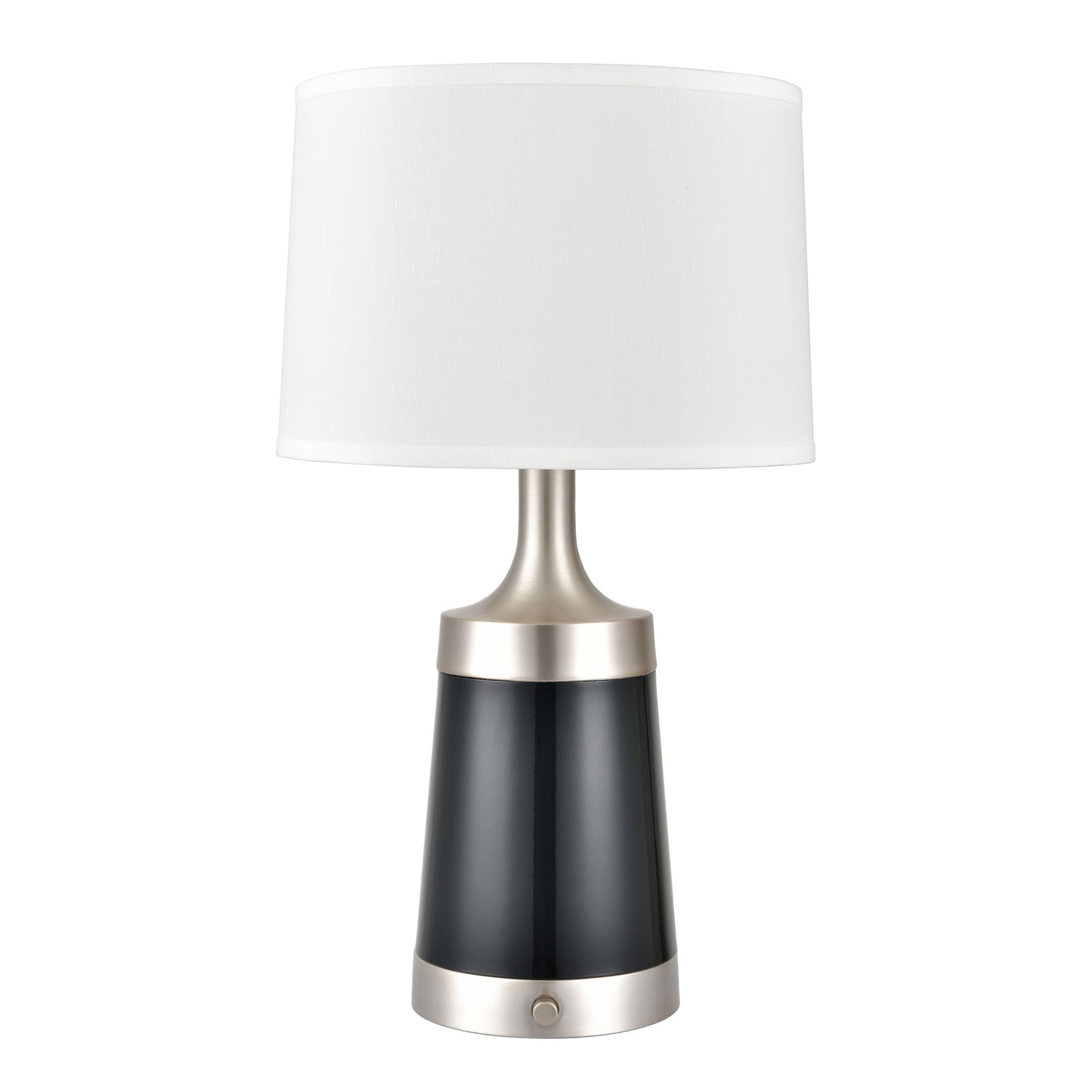 Powder Coated Champagne Brass Table Lamp with Glossy Black Base and White Fabric Shade – 60W E26 Dimmer