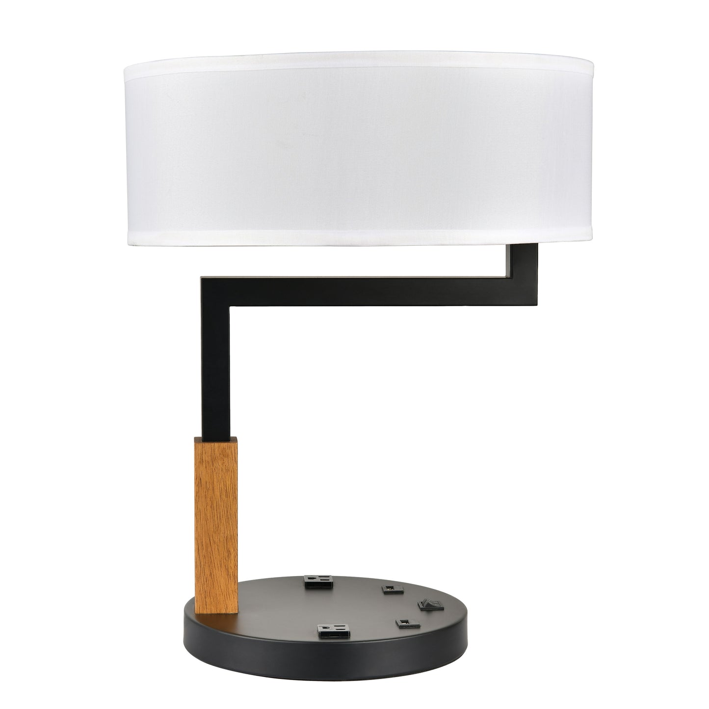 Powder Coated Matte Black & Medium Wood Table Lamp – Dual E26 Sockets, USB & Outlet, White Fabric Shade, 60W