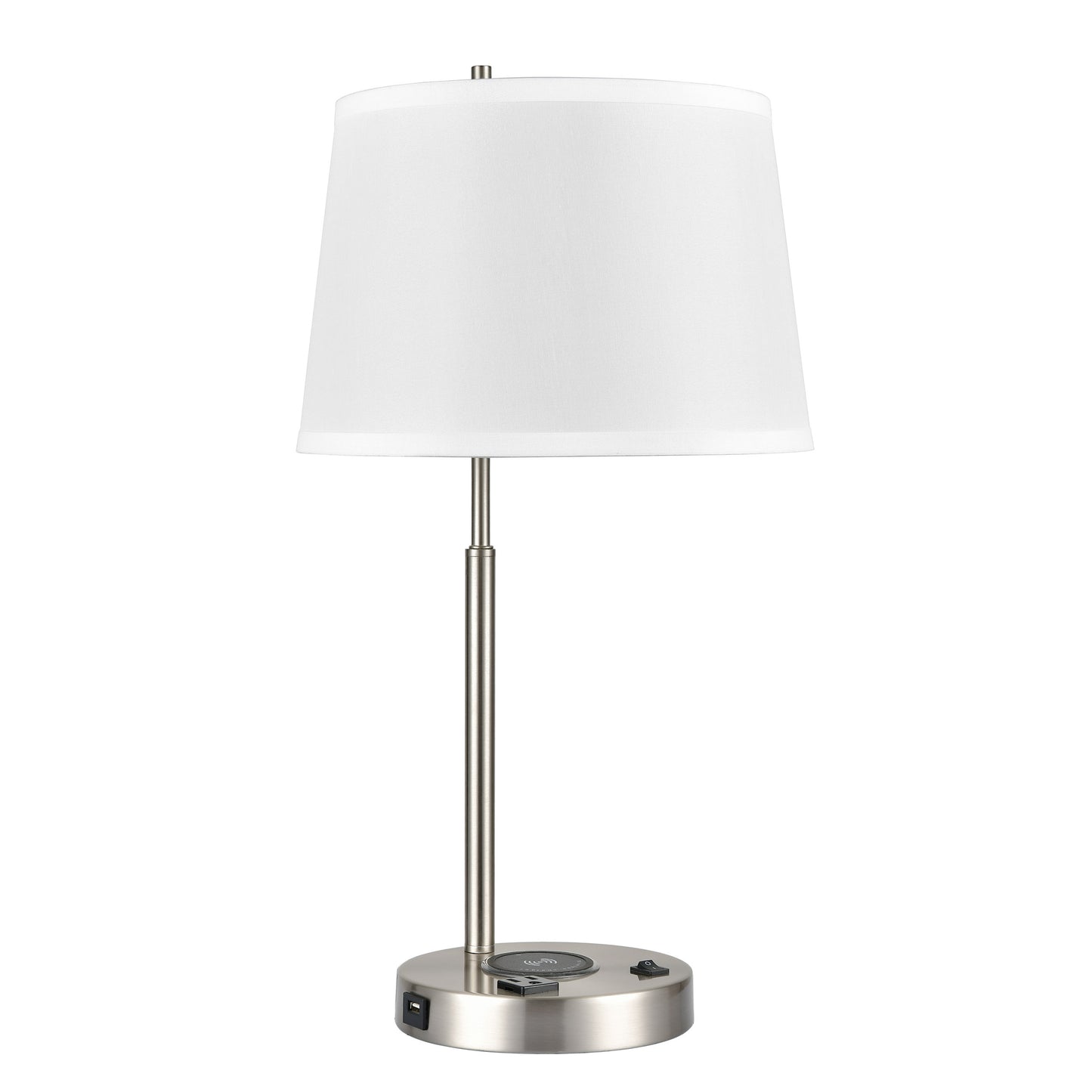 Brushed Nickel Table Lamp with Qi Wireless Charger, USB Port & Outlet – 100W, White Fabric Shade
